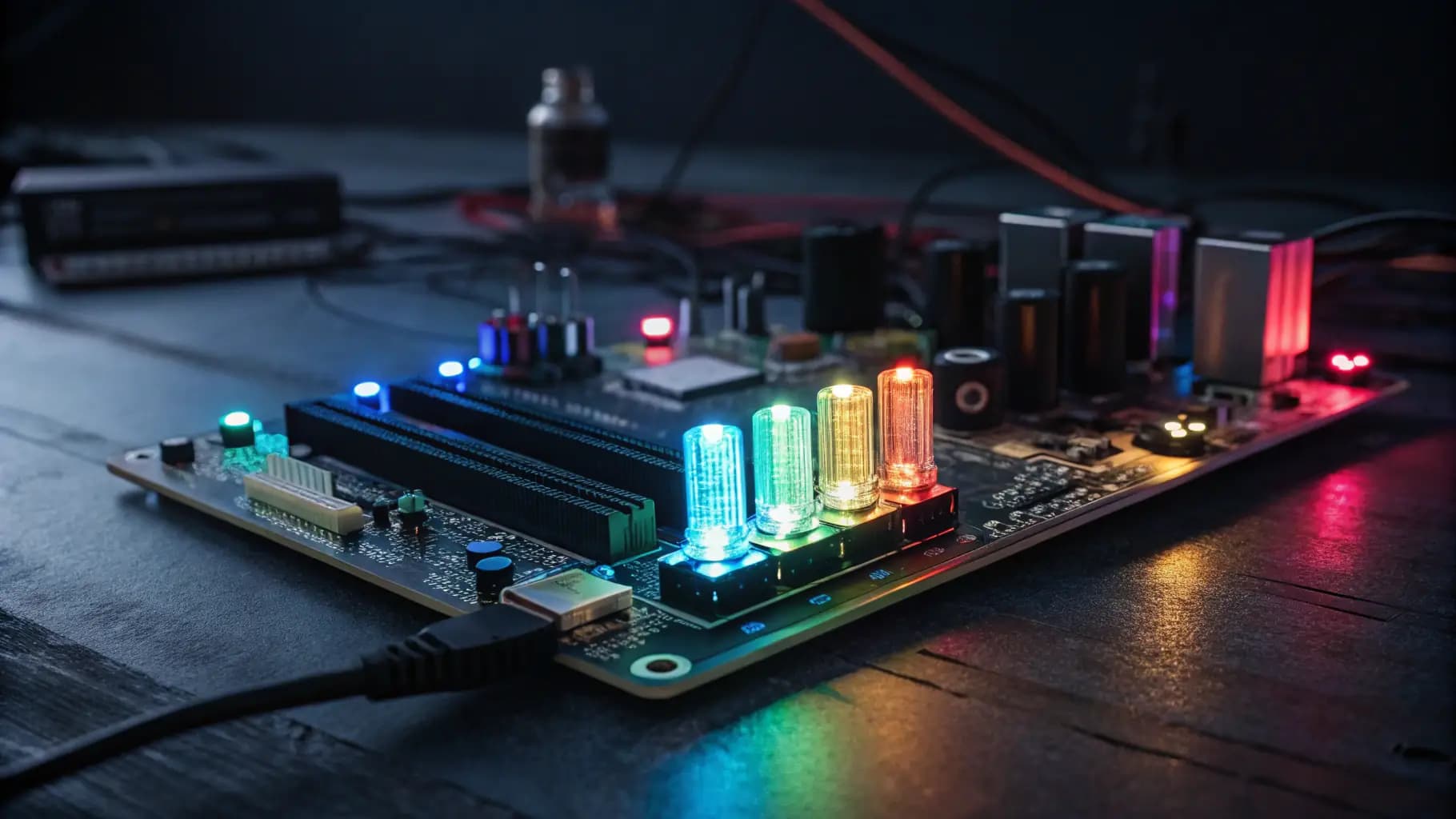 Embedded development board illuminated in a laboratory