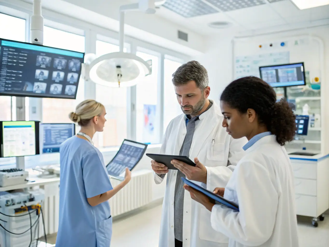 An image showing a modern healthcare facility with doctors using tablets and connected medical devices, illustrating Oreca Tech's healthcare technology solutions.