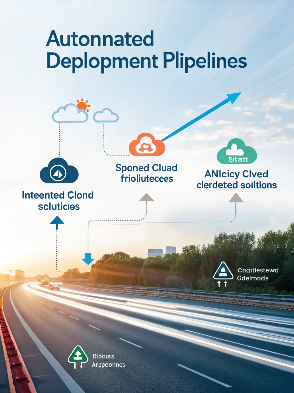 An image depicting faster software deployment, showing code being deployed rapidly through a pipeline, with server icons and cloud symbols.