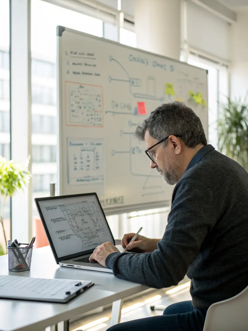 A detailed image of software architects collaborating on a system design, showcasing Oreca Tech's expertise in architecture and system optimization. The image should convey professionalism and technical proficiency.