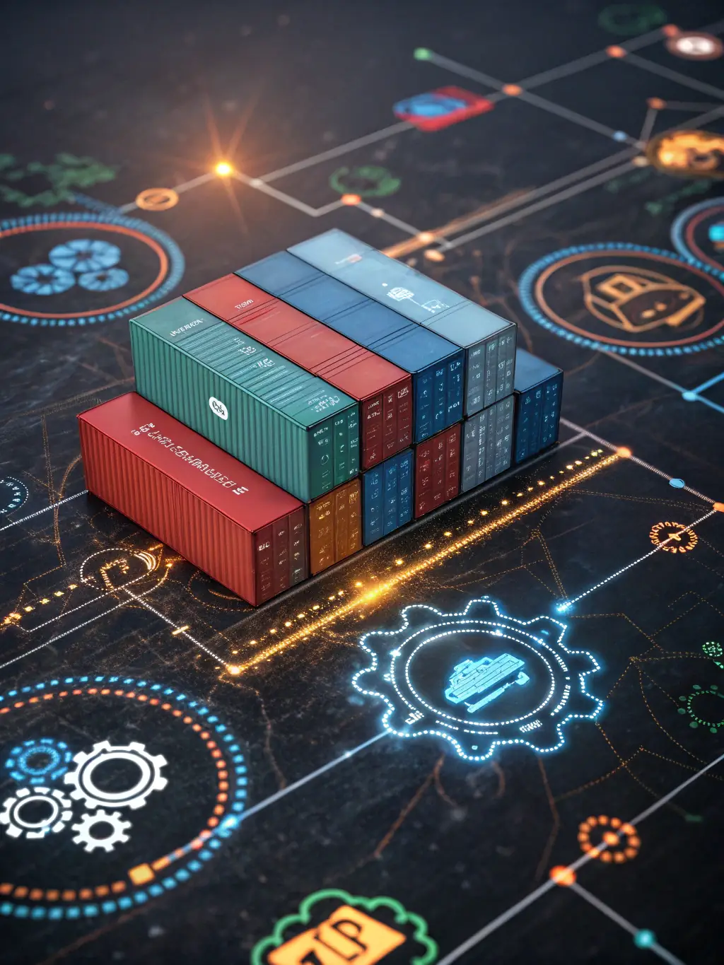 An illustration depicting Docker containers and Kubernetes pods working together, showcasing the orchestration of applications in a cloud environment with interconnected nodes.